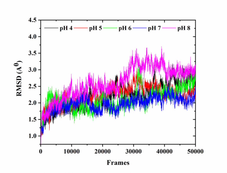 RMSD plot of protein backbone deviation over a molecular dynamics trajectory