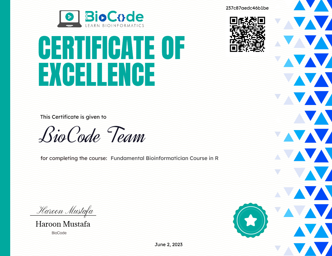 Certificate of completion for Fundamental Bioinformatician Course in R